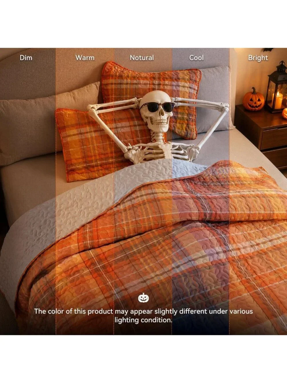 King Size Halloween Quilt Set - Orange Plaid Bedspread & 3-Piece Bedding Set
